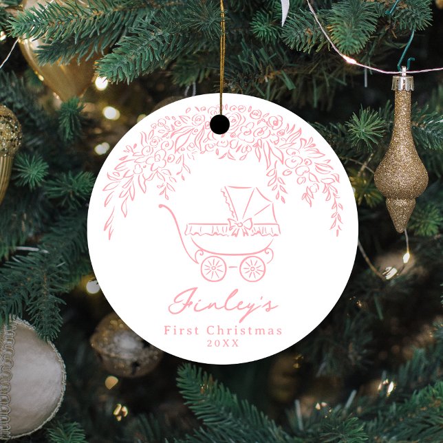 Pink Whimsical Stroller Baby's First Christmas Julgransprydnad Keramik (Pink Whimsical Stroller Baby's First Christmas Ceramic Ornament)