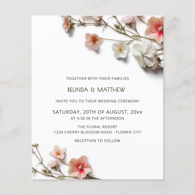 Pink White 3D Wildflowers BUDGET Wedding Flygblad (Framsidan)