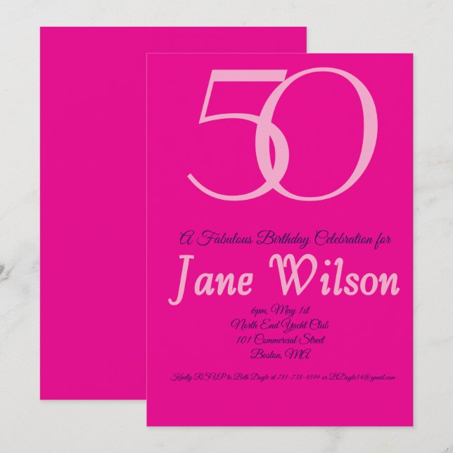  Pink, white and black 50th Birthday Invitation Inbjudningar (Fram/baksida)