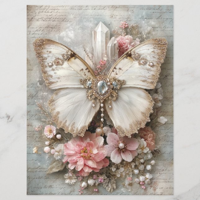 Pink White Butterfly Junk Journal Scrapbook Paper (Framsida)