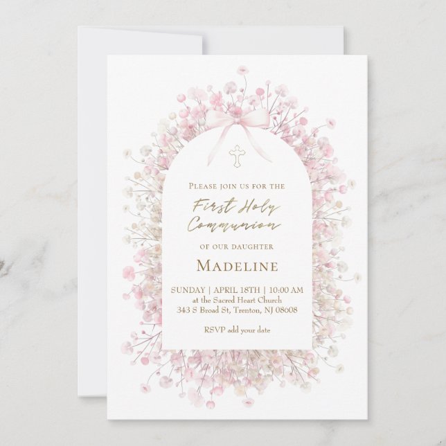 pink white  First Communion girl Inbjudningar (Framsida)