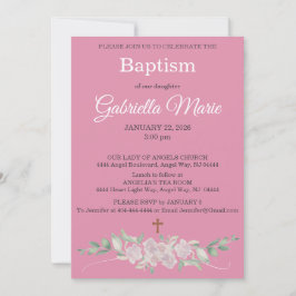 Pink White Floral Watercolor Cross Baptism Inbjudningar