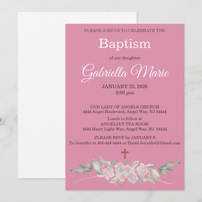 Pink White Floral Watercolor Cross Baptism Inbjudningar (Fram/baksida)
