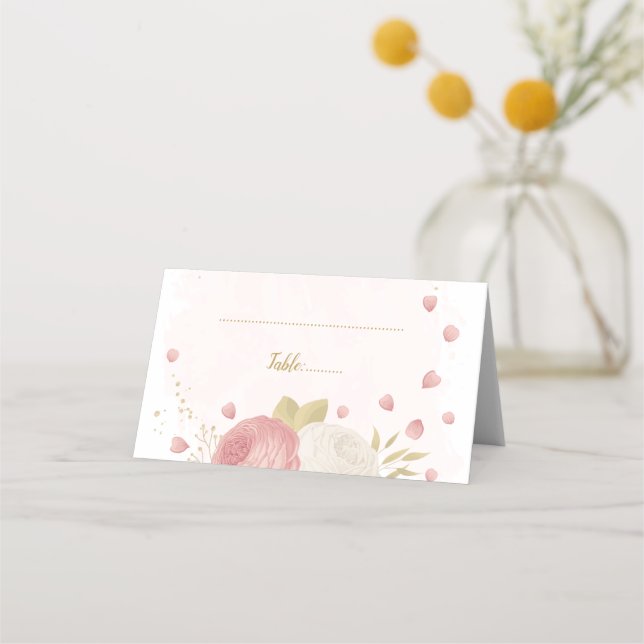 pink & white flowers gold leaves botanical wedding placeringskort (Framsida)