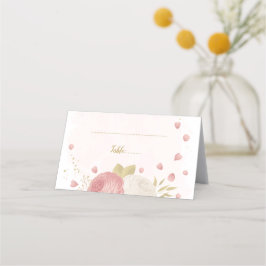 pink & white flowers gold leaves botanical wedding placeringskort