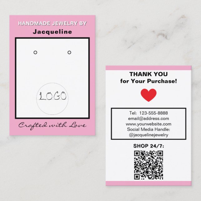 Pink White Jewelry Earrings Logo QR Code Visitkort (Fram/baksida)