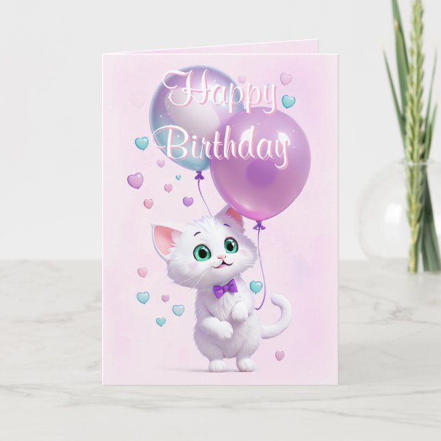 Pink White Kitten with Balloons Birthday Kort (Framsida)