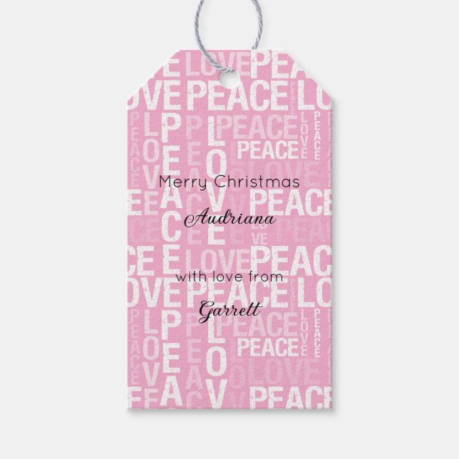 Pink White Peace Love Christmas Presentetikett (Framsidan)