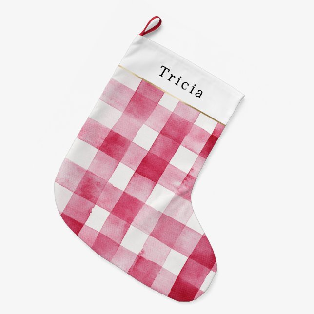 Pink White Plaid Stripes Christmas Stor Julstrumpa (Framsidan (Hängande))