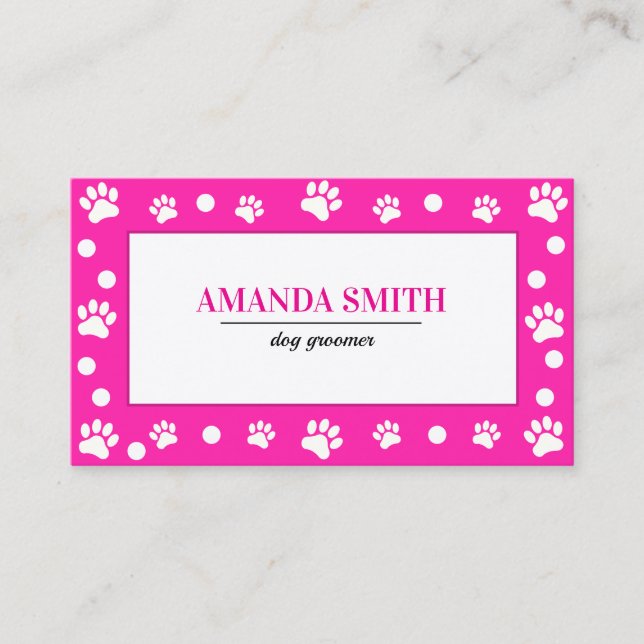 Pink & White Polka Dots Paw Prints Business Card Visitkort (Framsida)