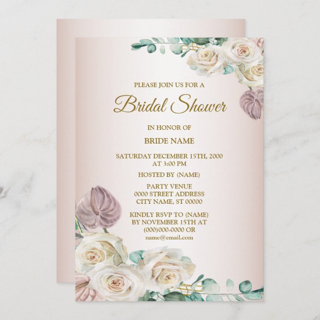 Pink White Rose Watercolor Greenery Bridal Shower Inbjudningar (Fram/baksida)