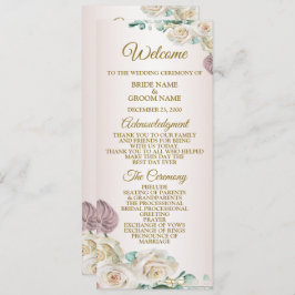 Pink White Rose Watercolor Greenery Golden Wedding Program