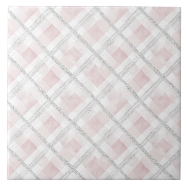 Pink White Silver Glitter Squares Kakelplatta (Framsidan)