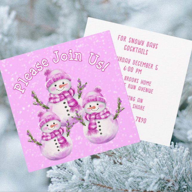 Pink White Snowmen Personalized  Julkort (Jolly pink snowmen personalized invitation)