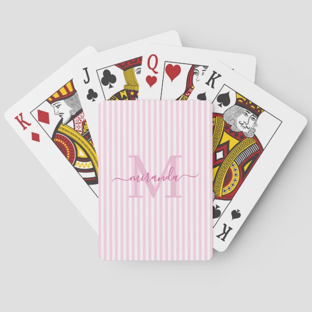 Pink & White Striped Monogram Name Casinokort (Baksidan)