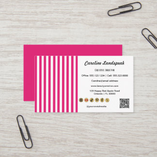 Pink White Stripes, QR Code & Social Media Icon Visitkort