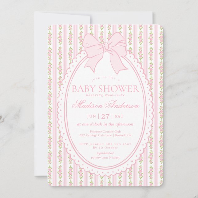 Pink & White Vintage Fancy Floral Baby Shower Inbjudningar (Framsida)