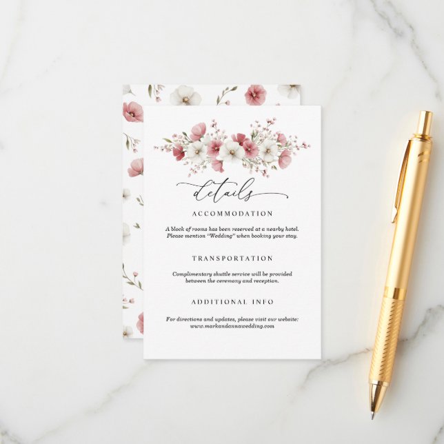Pink Wild Flowers Wedding Enclosure Card Tilläggskort (Fram/Back In Situ)