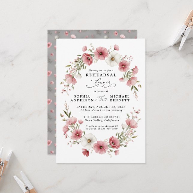 Pink Wild Flowers Wedding Rehearsal Dinner Inbjudningar (Fram/Back In Situ)