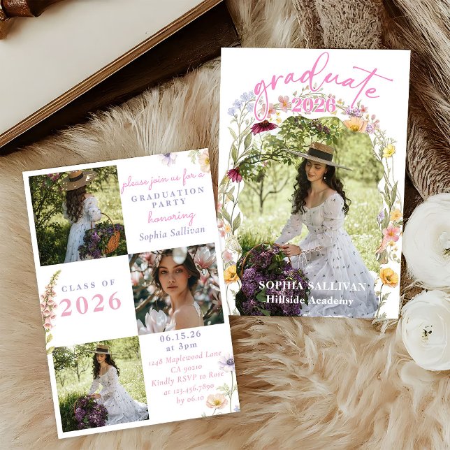 Pink Wildflower Bloom Graduation Party Invitation Inbjudningar (Skapare uppladdad)
