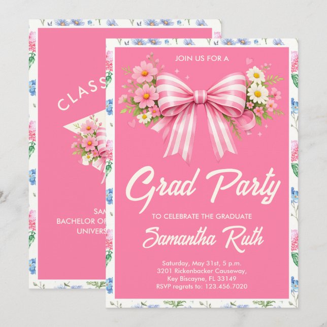 Pink Wildflower Bow Graduation Party  Inbjudningar (Fram/baksida)