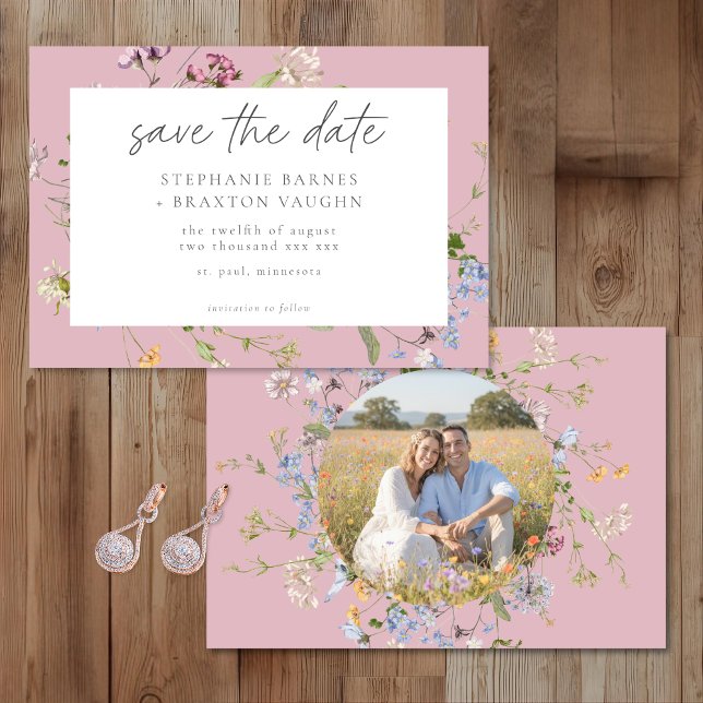 Pink Wildflower Garden Elegant Photo Wedding Spara Datumet (Skapare uppladdad)