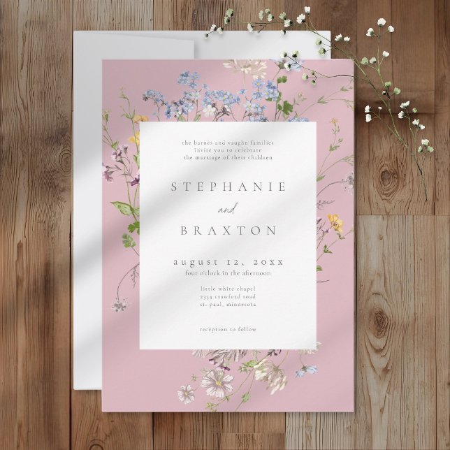 Pink Wildflower Garden Elegant Wedding Inbjudningar (Pink Wildflower Garden Elegant Wedding Invitation)