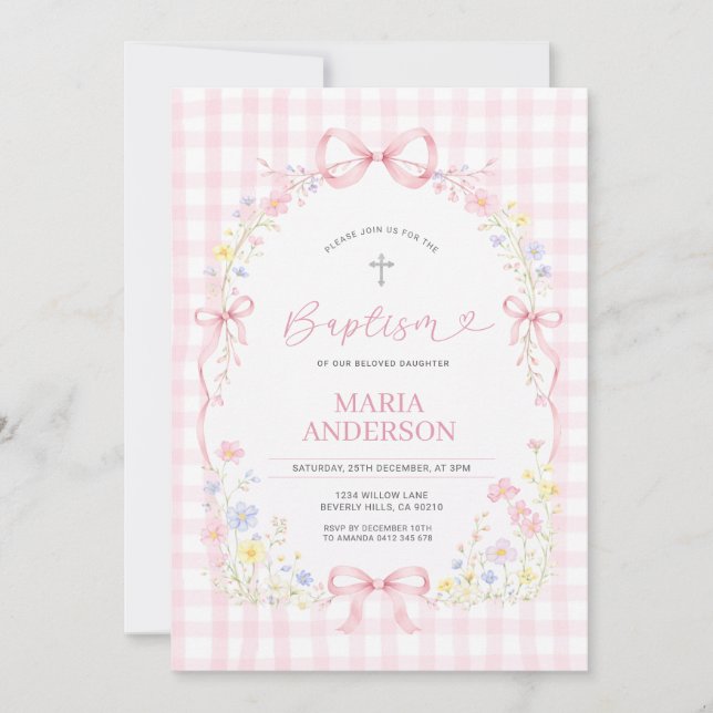 Pink WILDFLOWER Gingham Floral Baptism Invitation Inbjudningar (Framsida)