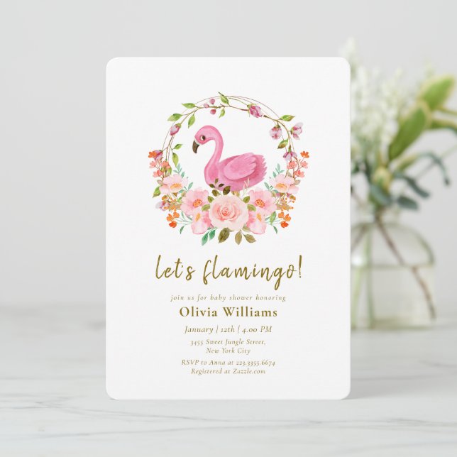Pink Wildflower Rose Wreath Flamingo Baby Shower Inbjudningar (Stående Fram)