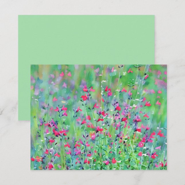 Pink Wildflower Salvia Flower Art Note Card Set Anteckningskort (Fram/baksida)