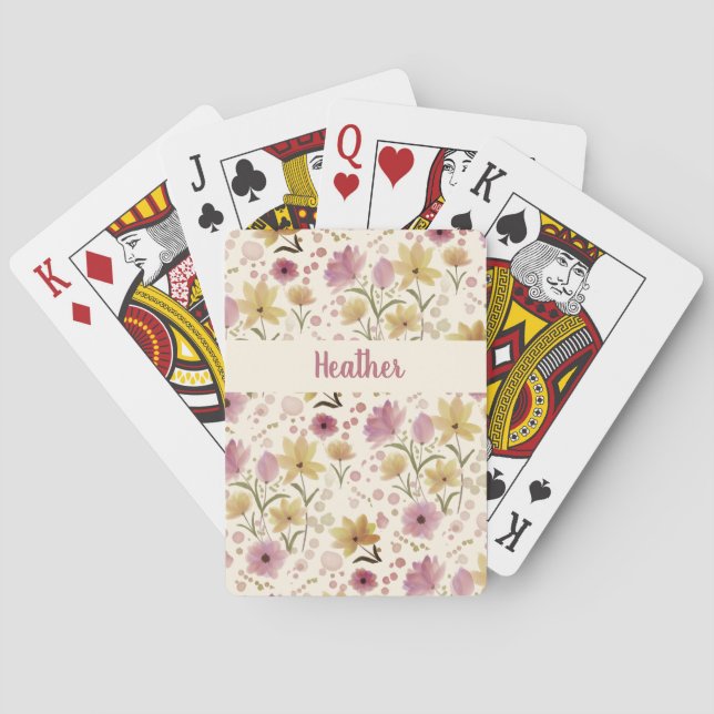 Pink Wildflower Watercolor Monogram Name Casinokort (Baksidan)