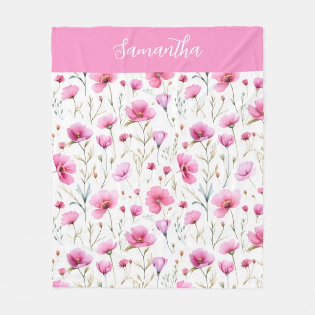 Pink Wildflower Watercolor Name  Fleecefilt (Framsidan)