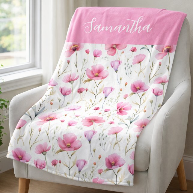 Pink Wildflower Watercolor Name  Fleecefilt (Skapare uppladdad)