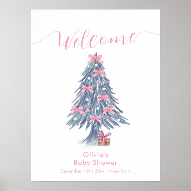 Pink Winter Bow Christmas Tree Baby Shower Welcome Poster (Framsidan)
