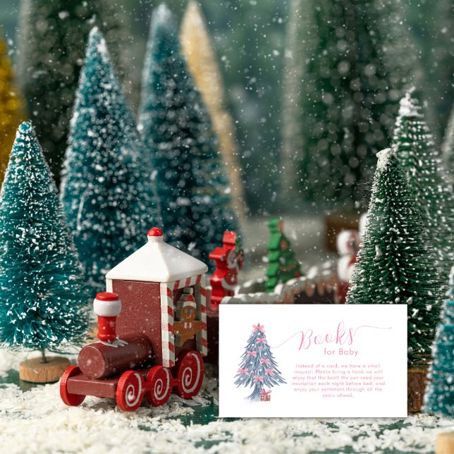 Pink Winter Bow Christmas Tree Books Baby Shower  Tilläggskort (Pink Winter Bow Christmas Tree Books Baby Shower Enclosure Card)