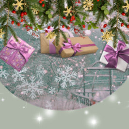 Pink Winter Christmas Country Scene Julgransmatta Fleece