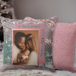 Pink Winter Christmas Family Photo Kudde