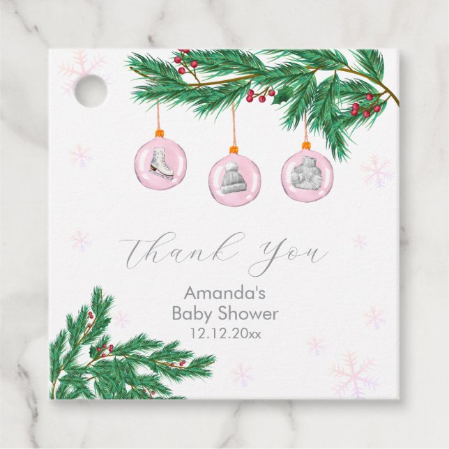 Pink Winter Clothesline Ornaments Baby Shower  Gåvor Etiketter (Framsida)