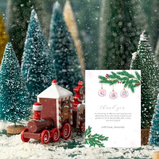 Pink Winter Clothesline Ornaments Baby Shower  Tack Kort (Pink Winter Clothesline Ornaments Baby Shower Thank You Card)