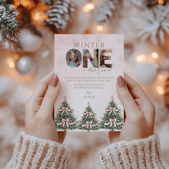 Pink Winter Onederland Girl 1st Birthday Photo Tack Kort (Skapare uppladdad)