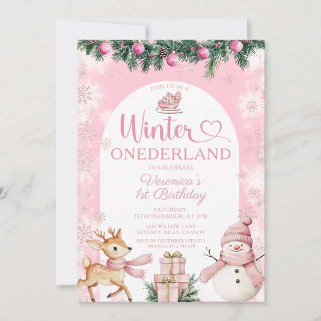 Pink Winter Onederland Girl Birthday Snowflakes Inbjudningar (Framsida)