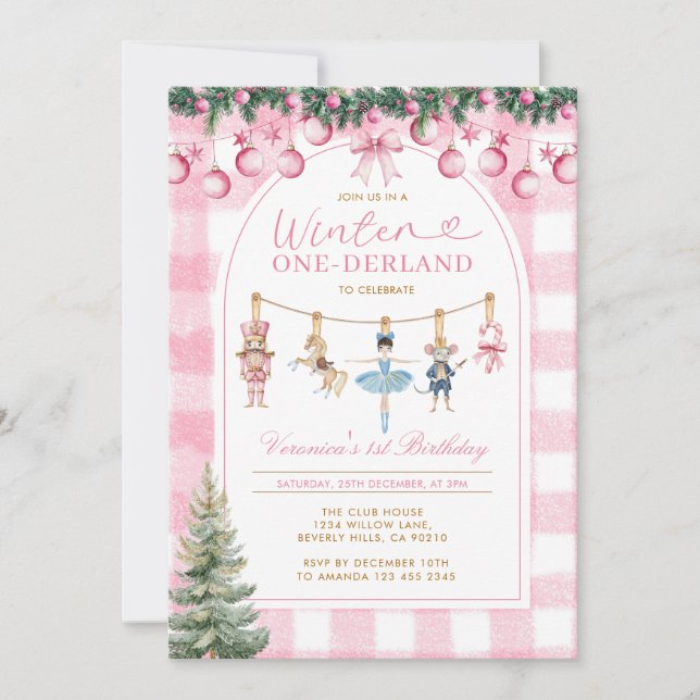 Pink Winter Onederland Girl Nutcracker Birthday  Inbjudningar (Framsida)