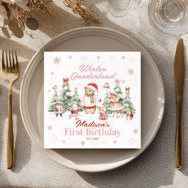 Pink Winter Onederland Woodland Animals Birthday Pappersservett