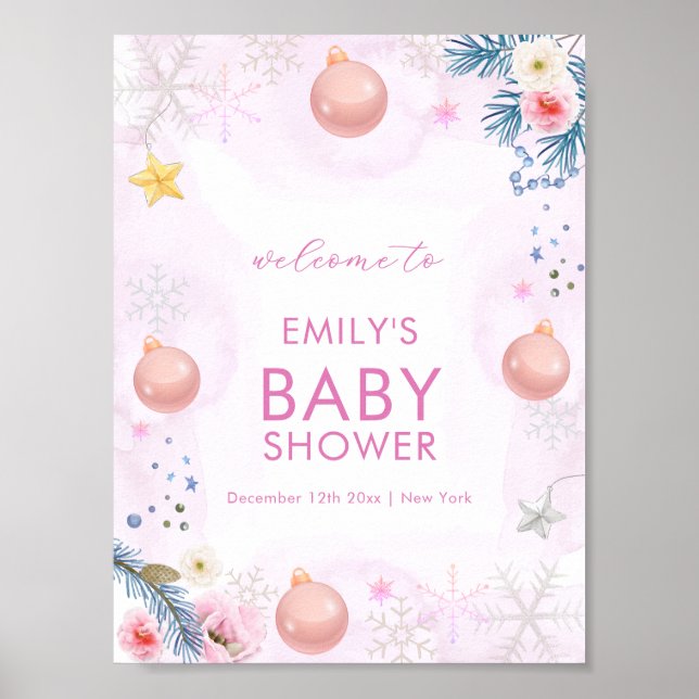Pink Winter Snowflake Floral Baby Shower Welcome  Poster (Framsidan)