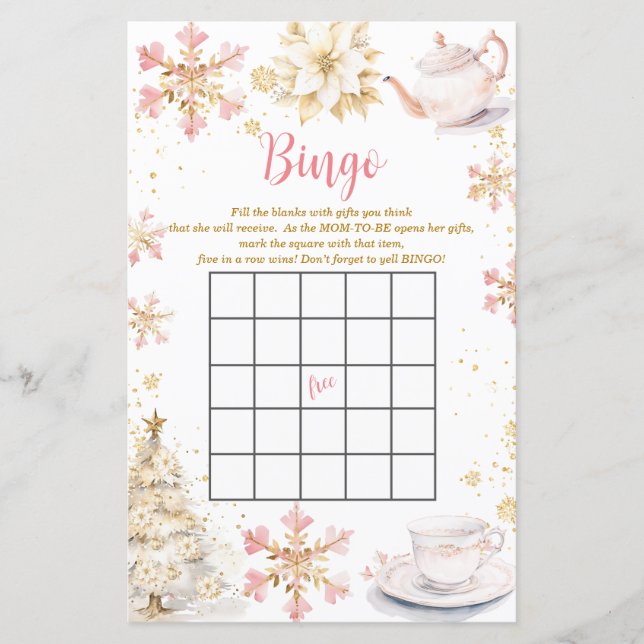 Pink Winter Tea Party Baby Shower Bingo Game (Framsida)