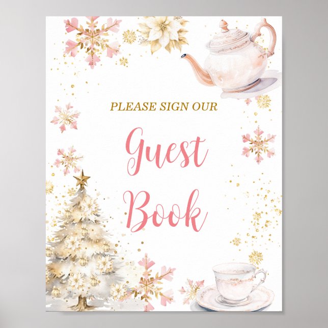 Pink Winter Tea Party Baby Shower Guest Book Poster (Framsidan)