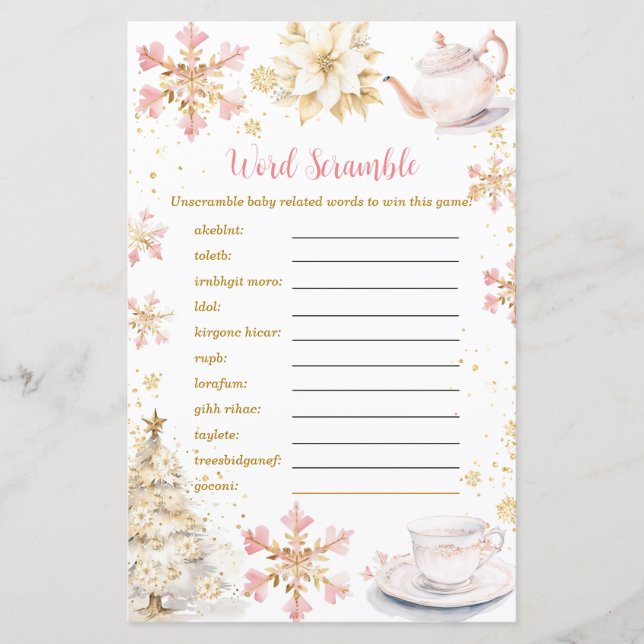 Pink Winter Tea Party Baby Shower Word Scramble (Framsida)