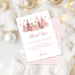 Pink Winter Teddy Bear Bow Baby Girl Shower Tack Kort