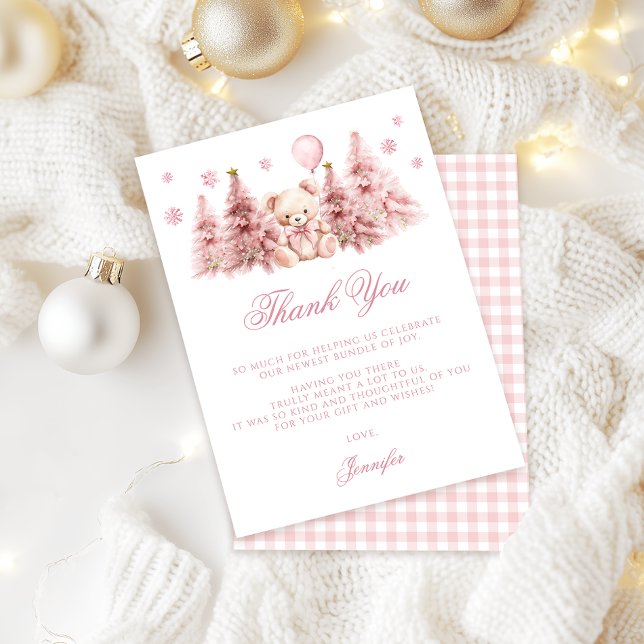 Pink Winter Teddy Bear Bow Baby Girl Shower Tack Kort (Skapare uppladdad)