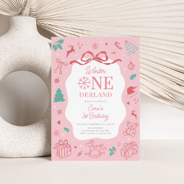 Pink Winter Wonderland First Birthday Party Inbjudningar